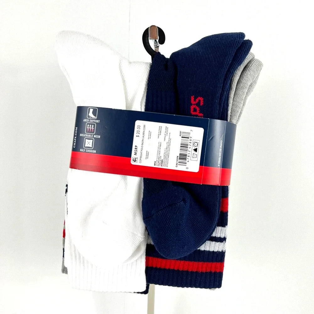 NEW Chaps Men’s Racer Stripe Athletic Crew Socks 6 Pairs Shoe Size 6-12.5 W/Tags